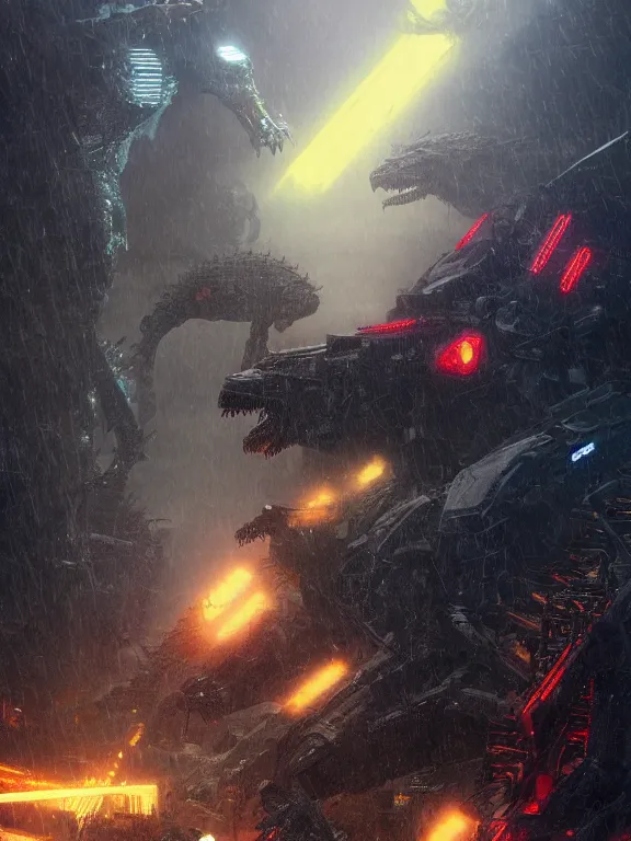 Prompt: pacific rim robot fight with Godzilla in the wreckage city in the rain,by Les Edwards，Larry Elmore,angus mckie,James Paick,Ted Nasmith, trending on artstation,Blade Runner 2049,ultra realistic,high detail,golden ratio,cinematic lighting,maximalist