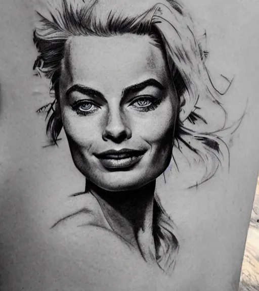 Image similar to mash up tattoo sketch of margot robbie with beautiful mountain scenery, double exposure effect, in the style of arlo dicristina, hyper realism, amazing detail, sharp