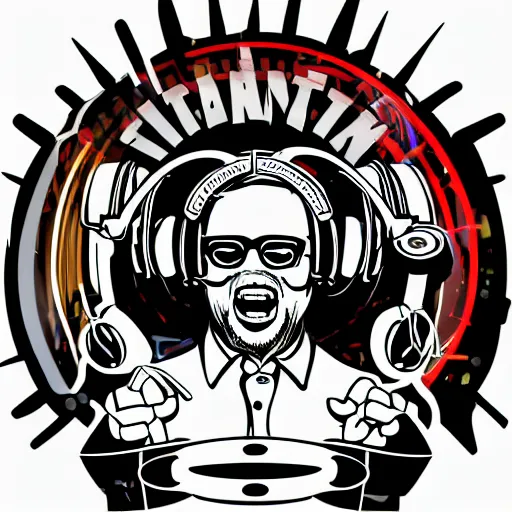 Image similar to svg vector sticker of absolutely insane-mad-scientist-villain, rocking out, wearing headphones, huge speakers, dancing, rave, DJ, spinning records, digital art, amazing composition, rule-of-thirds, award-winning, trending on artstation, featured on deviantart