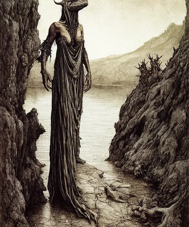 Image similar to A detailed horned crocodilewoman stands near the river. Wearing a ripped mantle, robe. Perfect faces, extremely high details, realistic, fantasy art, solo, masterpiece, art by Zdzisław Beksiński, Arthur Rackham, Dariusz Zawadzki