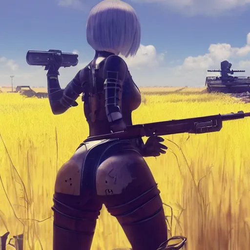 Image similar to a high resolution very detailed image of a 2 wielding a rocket launcher in russian tank boss fight from nier : automata in yellow rye field under pure blue skies