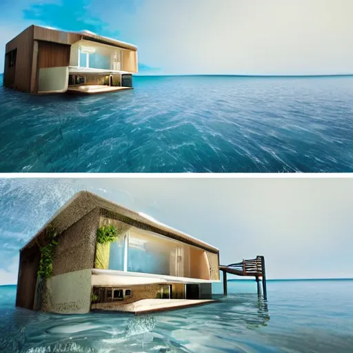 Image similar to a house half submerged in the ocean.