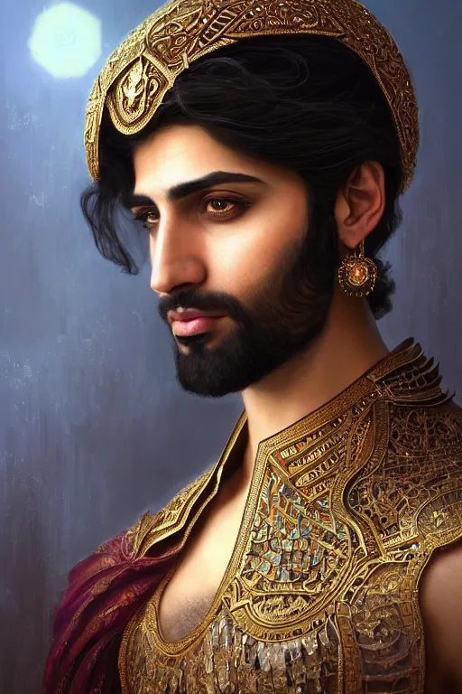 Prompt: Beautiful portrait of a Persian Prince who is an architect, handsome prince of persia, face painting, attractive young man, architecture, persian style architecture, dramatic lighting, intricate, wild, highly detailed, digital painting, artstation, concept art, smooth, sharp focus, illustration, art by artgerm and greg rutkowski and alphonse mucha, footage from space camera
