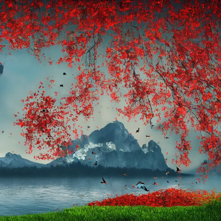 Image similar to a beautiful awesome artistic tree with falling flowers like leaves and many birds, all in the amazing outdoors view, mountain in the background, lake, long exposure, 8 k resolution, trending on artstation