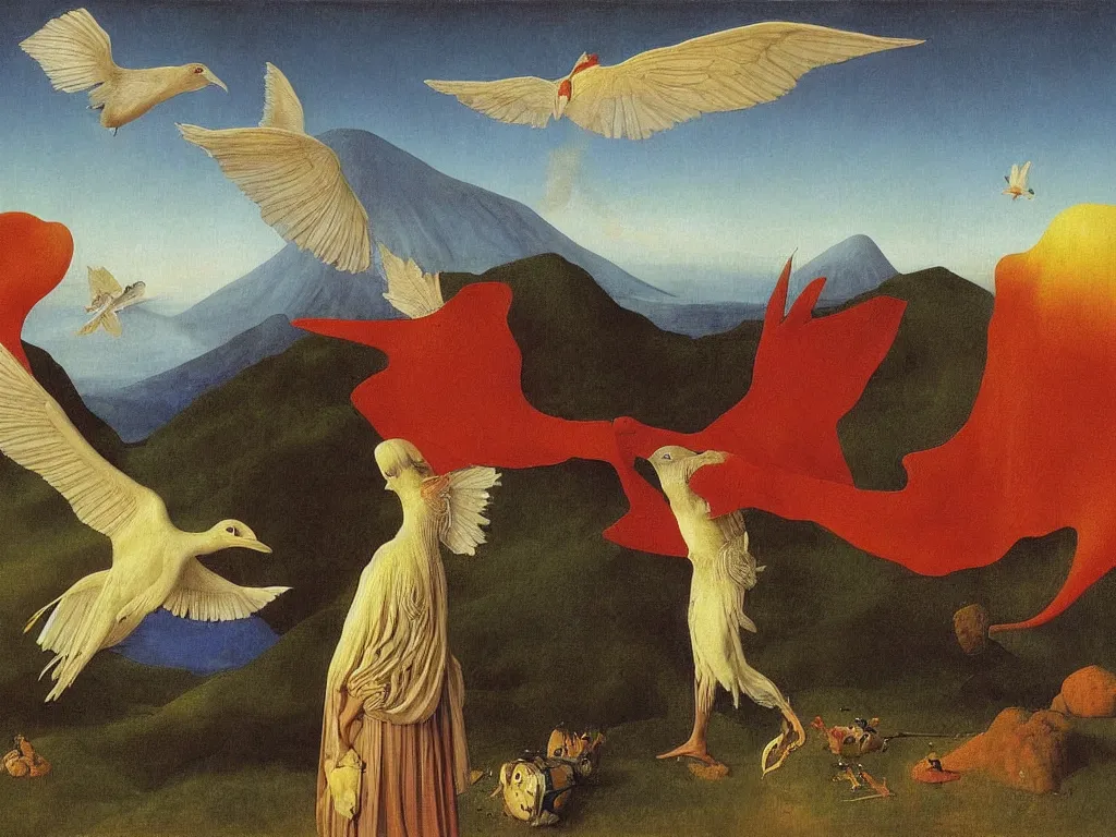 Prompt: albino mystic, with his back turned, with wild exotic Colibri looking at a erupting volcano in the distance. Painting by Jan van Eyck, Audubon, Rene Magritte, Agnes Pelton, Max Ernst, Walton Ford