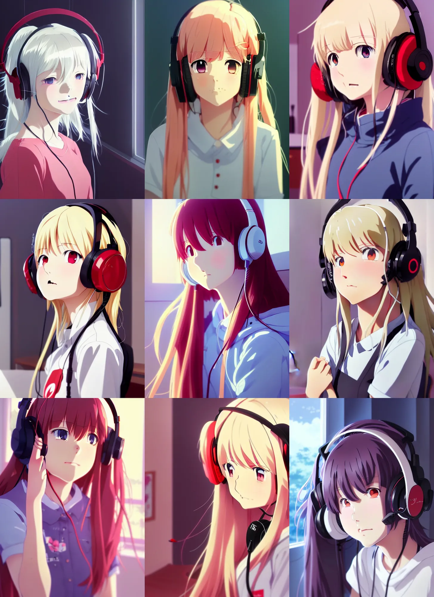Prompt: high quality anime film portrait of a cute ( ( red eyed girl!! ) ) with ( ( long white hair!! ) ) wearing a headset in her room interior. art by makoto shinkai, cute face by ilya kuvshinov, pixiv, danbooru, uhd, headshot, detailed facial features, ambient lighting, cel shading