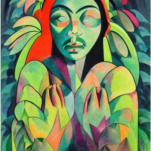 Prompt: goddess of plants art by james jean, and art by sonia delaunay highly detailed painting trending on arstation vivid colors cannabis