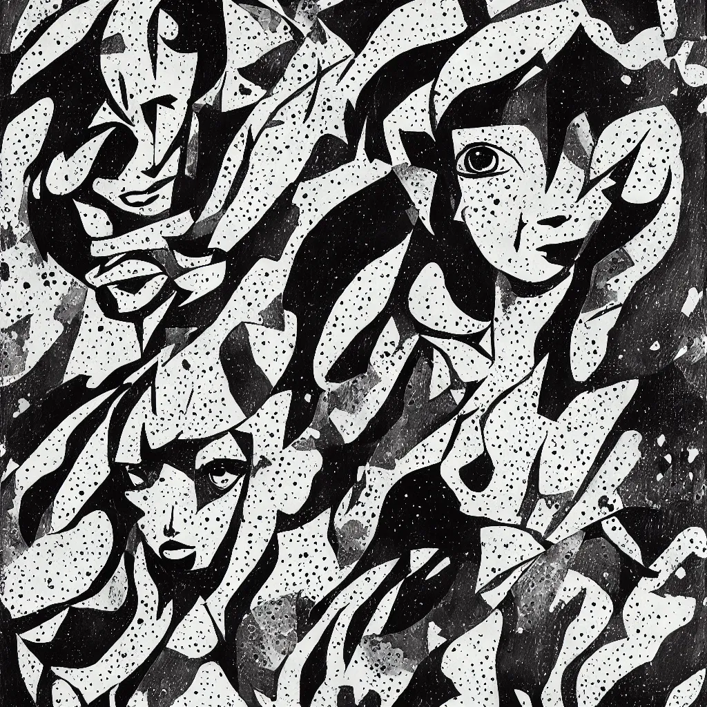 Image similar to french woman, abstract, jet set radio artwork, ryuta ueda artwork, cryptic, ink, spots, asymmetry, stipple, lines, pointillism, crosshatching, linework, pitch bending, stripes, dark, ominous, eerie, hearts, minimal, points, technical, natsumi mukai artwrok, folds