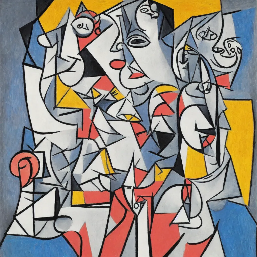 Prompt: i, a man wearing airpods pro and playing his iphone, by pablo picasso