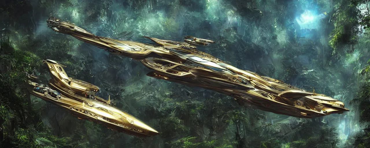 Image similar to a large futuristic scientific flying steampunk battleship elegant, smooth, ornate with gold trimmings, by Craig Mullins and Scott Robertson large steampunk space port inside a lush rainforest background by Dylan Cole and federico pelat cinematic dappled lighting, hyper detailed hyper detailed, 8k, ultra realistic, cinematic lighting, ultra wide 35mm lens