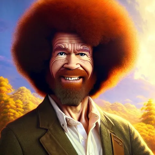 Image similar to bob ross!!! riding!!! a dinosaur!!, giant afro!, model pose, ultra realistic, concept art, intricate details, highly detailed, photorealistic, octane render, 8 k, unreal engine. art by artgerm and greg rutkowski and alphonse mucha