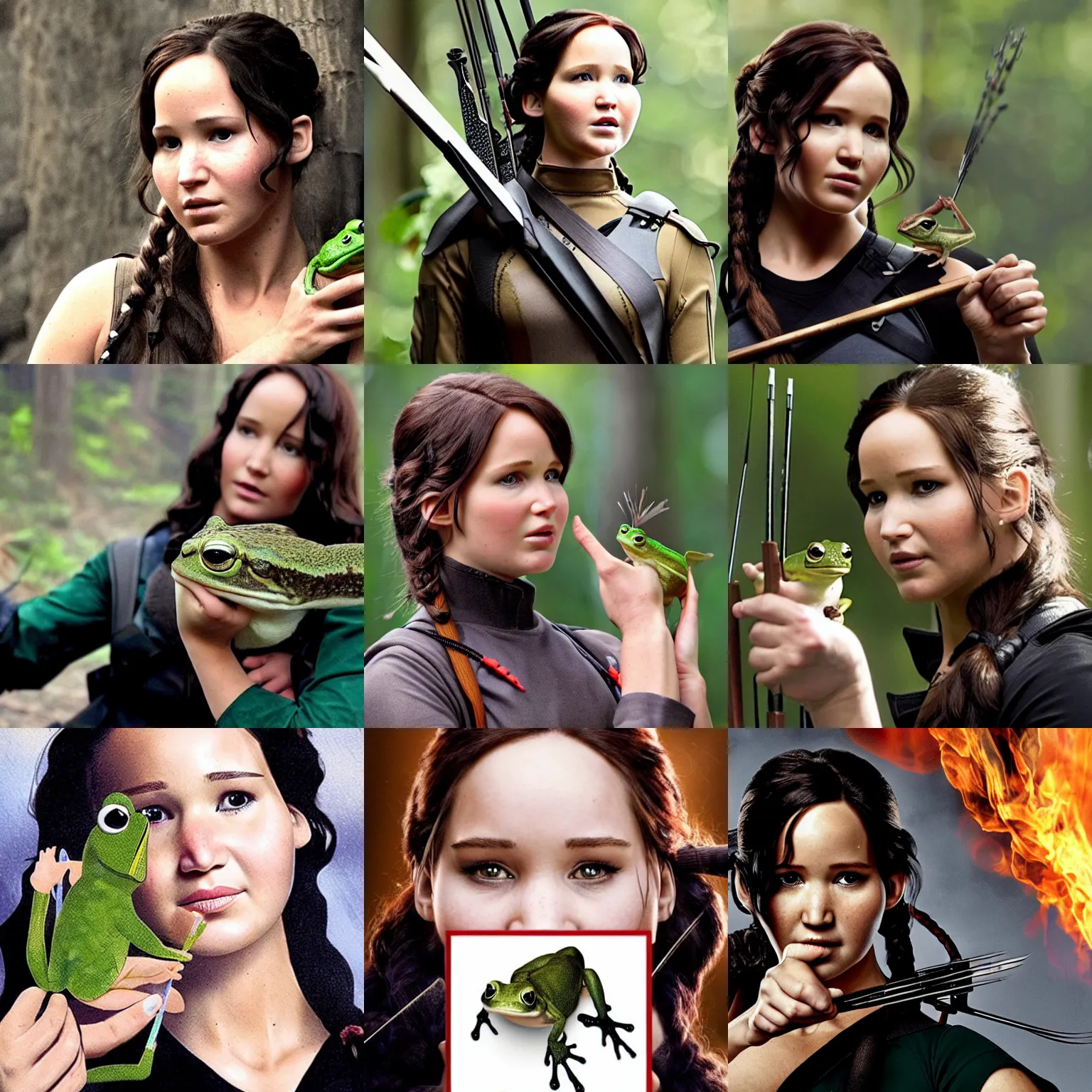 Prompt: Katniss Everdeen holding a frog up to her face