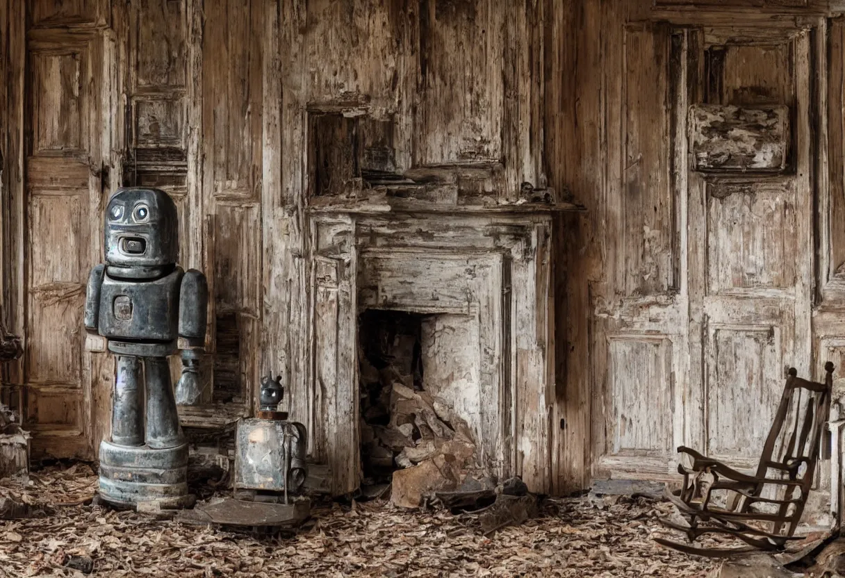 Image similar to A lonely robot sitting on a aged wooden rocking chair in front of a single beautiful fireplace in a dilapidated Victorian home