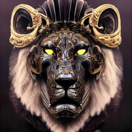 Image similar to Very very very very highly detailed epic photo of face with proud lion venetian mask, intricate, dystopian, sci-fi, extremely detailed, digital painting, artstation, concept art, smooth, sharp focus, illustration, intimidating lighting, incredible art by Artgerm and Vincent di Fate