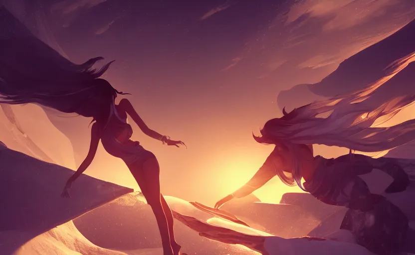 Image similar to Himalayan in an ice temple, beautiful flowing fabric, sunset, dramatic angle, dynamic pose, 8k hdr pixiv dslr photo by Makoto Shinkai ilya kuvshinov and Wojtek Fus