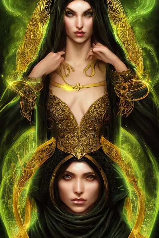 Image similar to a portrait of a beautiful sorceress wearing a black robe with gold embroidery, casting a spell, green glows, painted by artgerm and tom bagshaw, in the style of magic the gathering, highly detailed digital art