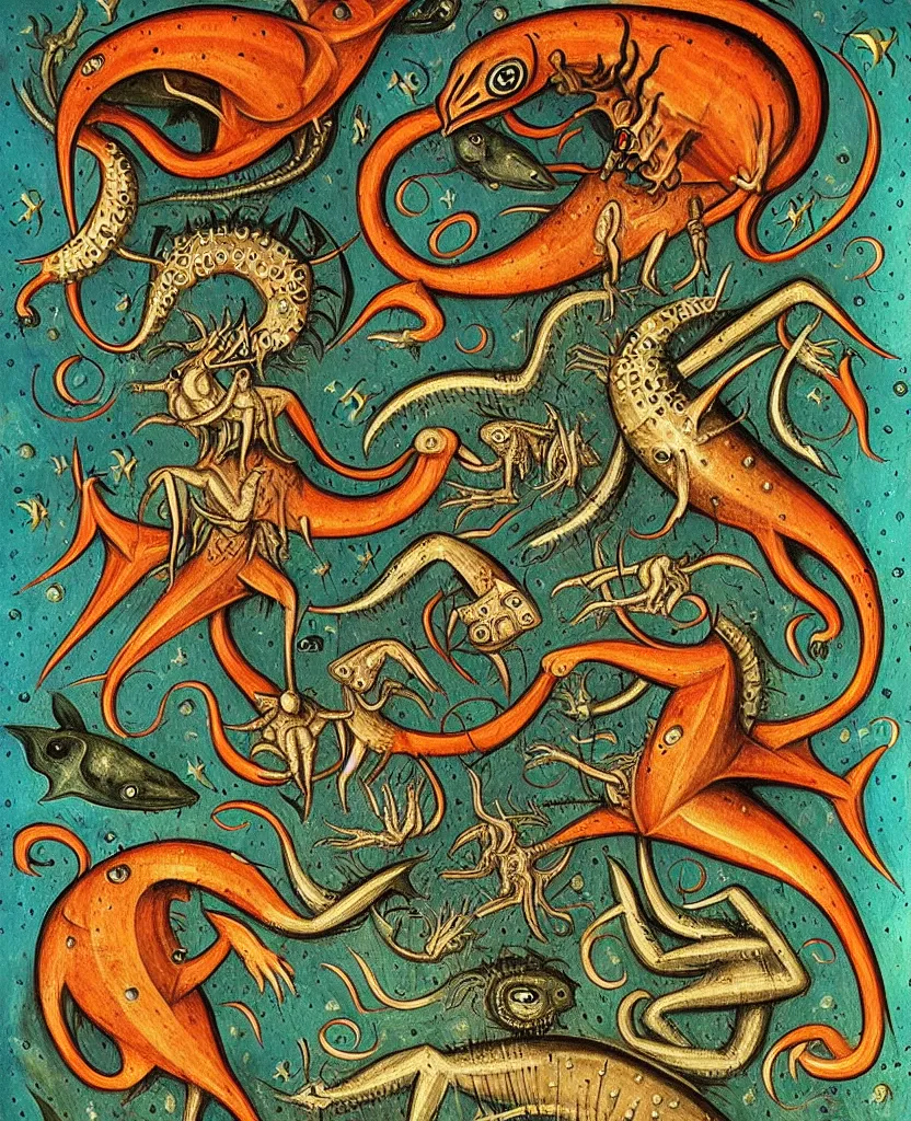 Image similar to medieval bestiary of wild repressed emotional creatures found in the deep sea of unconscious of the psyche, painted by ronny khalil