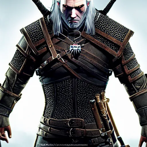 Image similar to geralt the witcher 3 with demon horns, photorealistic, realistic