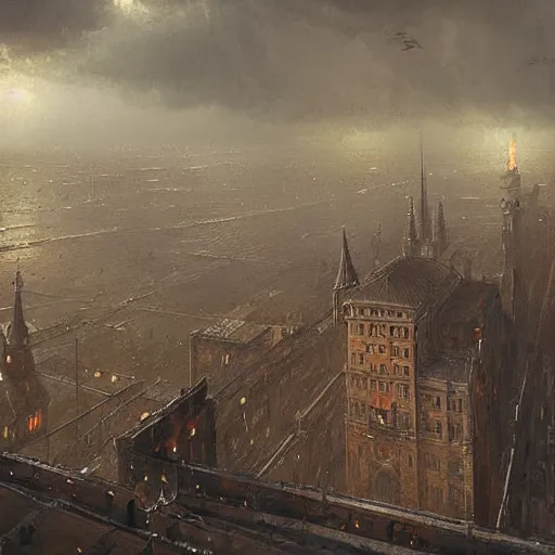 Prompt: Hyper detailed painting of a victorian city covered by dark fog, view from above, thunderstorm above, dark fantasy, by Greg Rutkowski