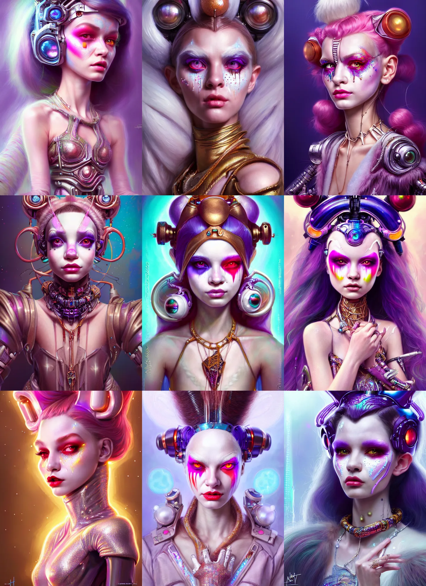 Prompt: disney weta portrait, soft lustrous biotech raver white clowncore galactic cyborg, bling, hi - fructose, sci - fi fantasy cyberpunk intricate decadent highly - detailed digital painting, ever after high, octane render, artstation, concept art, smooth, sharp focus, illustration, art by artgerm, mucha, loish, wlop
