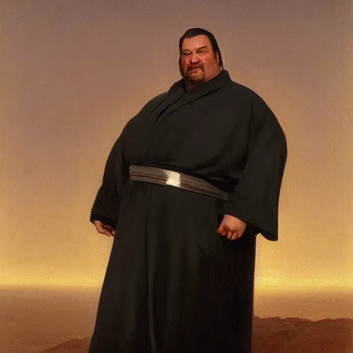 Image similar to Painting of obese Steven Seagal as Obi-Wan Kenobi. Art by william adolphe bouguereau. During golden hour. Extremely detailed. Beautiful. 4K. Award winning.