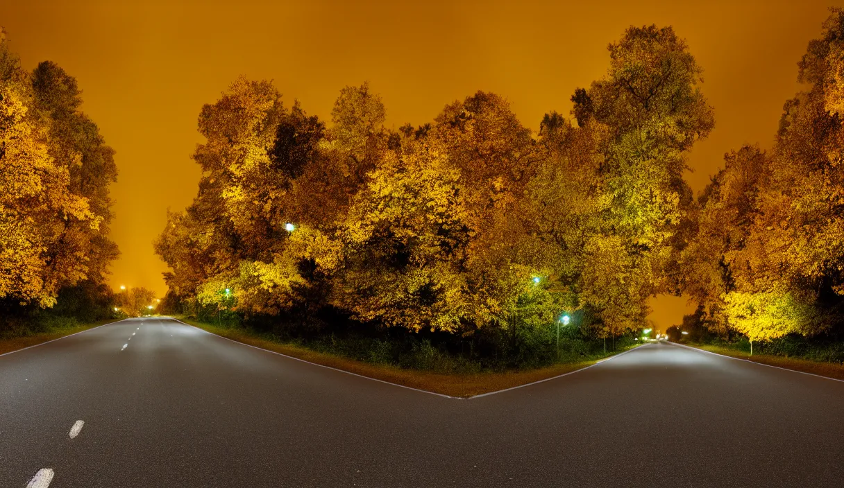 Image similar to at night, a large road extends into the distance, the leaves on both sides of the road are yellowed by the street lights, tranquility, film texture, super fine, 8 k