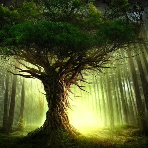 Prompt: horrific, spectacular tree in a densely overgrown forest, fantasy, dreamlike sunraise, ultra realistic