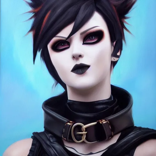 Prompt: oil painting of goth tracer overwatch in a field wearing very large black leather belt choker collar around neck, in style of mark arian, expressive face, very detailed face, very detailed eyes, full body, feminine face, detailed makeup on eyes, tracer overwatch,