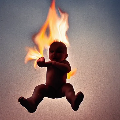 Image similar to a baby flying out of a catapult. on fire. Award-winning photograph