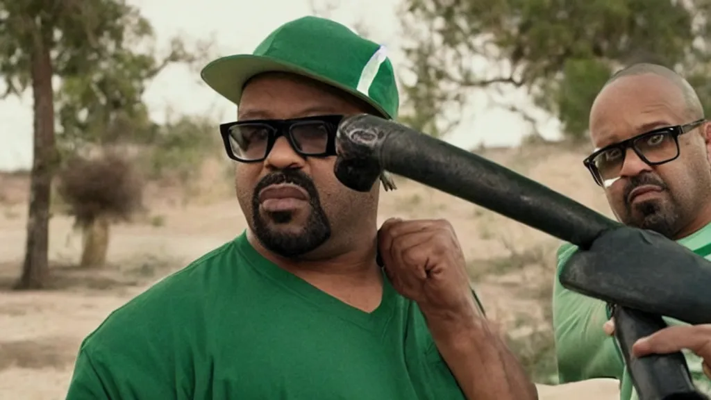 Image similar to Still of Big Smoke with green clothing wielding a baseball bat in Better Call Saul