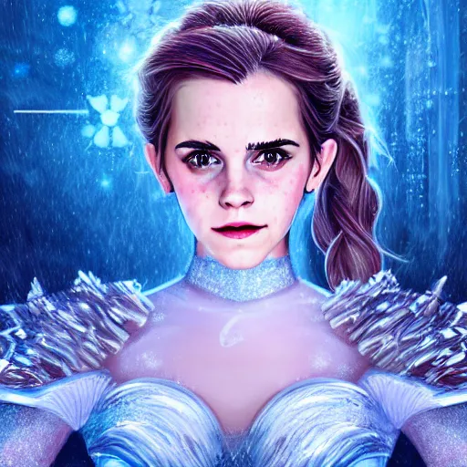 Prompt: Portrait shot of Emma Watson as the Queen of Ice, Ice crystal armor, snow falling, concept art, 4k, digital art, trending on art station, hd, doll, colorful backdrop, 3d anime