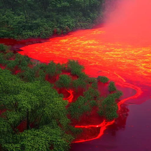 Prompt: river of glowing red hot lava in the middle of the jungle, digital art, photorealistic, trending on artstation