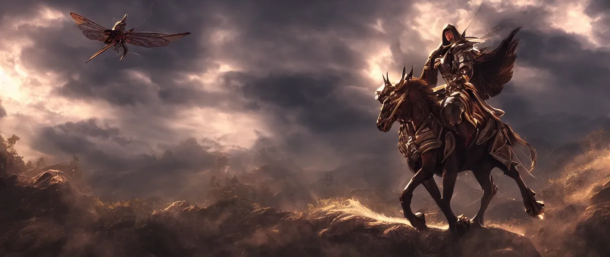 Image similar to a holy paladin lord riding ontop a insect lord dramatic lighting cinematic establishing shot extremely high detail foto realistic cinematic lighting post processed