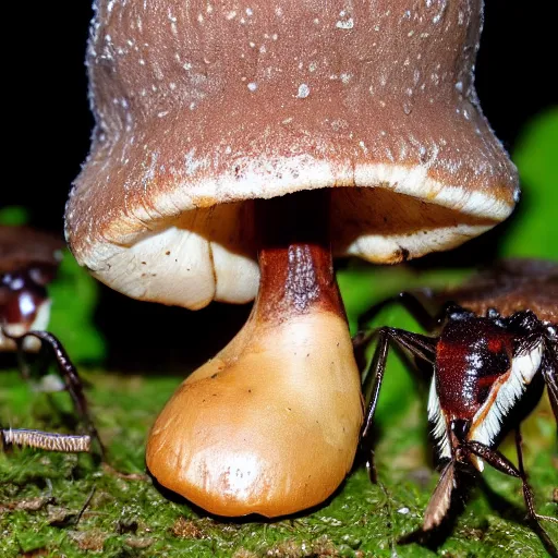 Image similar to real iphone photo of a carnivore mushroom with teeth, few insects corpses next to it