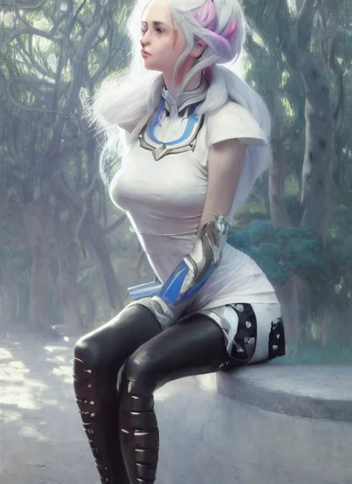 Prompt: portrait of camille, from league of legends, legs of metal, wearing customized gears, sitting, white hair, clear face, cute neon eyes, digital painting, trending in artstation, studio quality, smooth render, fluorescent eyes, unreal engine 5 rendered, octane rendered, art style by jules bastien - lepage and gaston bussiere and sleepy sheep and james christensen