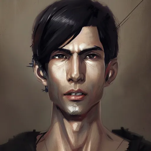 Image similar to anime portrait of a cyborg man by greg rutkowski, he is about 3 0 years old, indian, very tall and slender, messy long black hair, he is wearing a black t - shirt, highly detailed portrait, digital painting, artstation, concept art, smooth, sharp foccus ilustration, artstation hq