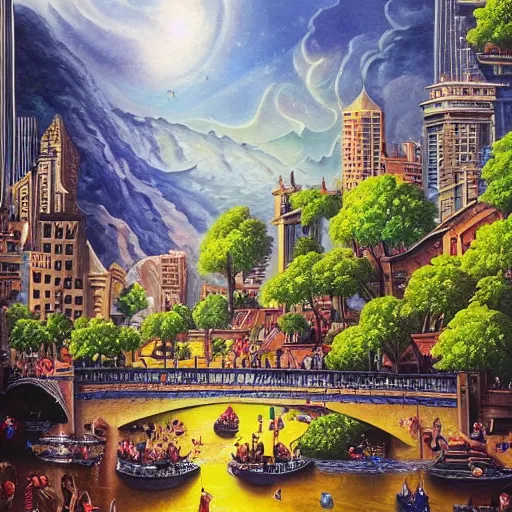 Prompt: people enjoying a beautiful city of the future in harmony with nature. Beautiful detailed painting by Lurid. (2022)