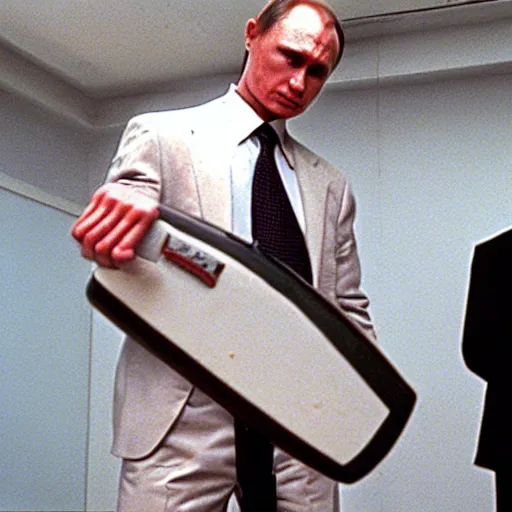 Prompt: Vladimir Putin with an axe in American Psycho (1999)