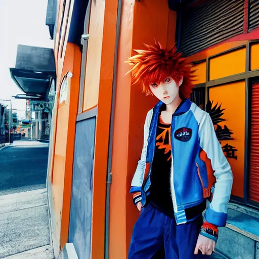 Prompt: orange - haired anime boy, 1 7 - year - old anime boy with wild spiky hair, wearing blue jacket, battle aura, in front of ramen shop, strong lighting, strong shadows, vivid hues, raytracing, sharp details, subsurface scattering, intricate details, hd anime, high - budget anime movie, 2 0 2 1 anime