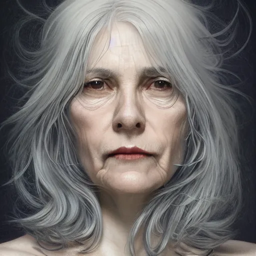 Image similar to portrait of a middle aged artsy woman, grey hair, tattoo, avangarde, unique, artistic soul, nature, plants, wool, upper body, long hair, intricate, elegant, highly detailed, digital painting, artstation, concept art, matte, sharp focus, illustration, art by artgerm and greg rutkowski and alphonse mucha