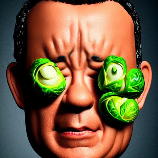 Image similar to a face made of ( ( ( brussels sprouts ) ) ) made of!!! tom hanks!!!, 8 k, trending on artstation, 8 0 mm photography, hyperrealistic