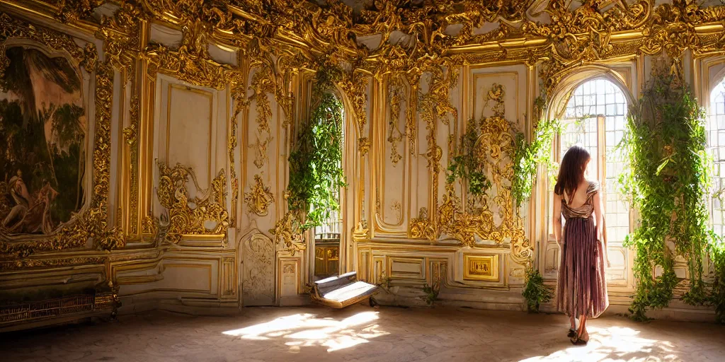 Image similar to a dream of a young woman holding a Mallard Duck that is looking over her shoulder walking inside an opulent, ornate, abandoned overgrown Palace of Versailles, lush plants growing through the floors and walls, walls are covered with vines, beautiful, dusty, golden volumetric light shines through giant broken windows, golden rays fill the space with warmth, rich with epic details and dreamy atmosphere