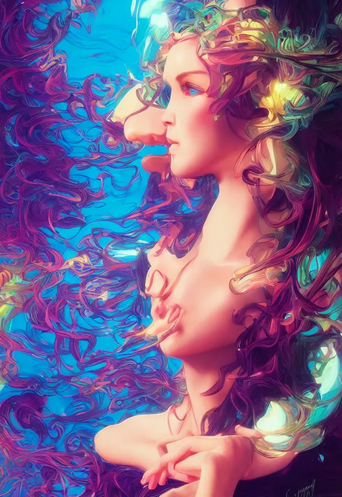 Image similar to beautiful, young woman, detailed gorgeous face, vaporwave aesthetic, synthwave, colorful, psychedelic, artstation, concept art, smooth, extremely sharp detail, finely tuned detail, ultra high definition, 8 k, unreal engine 5, ultra sharp focus, illustration, art by artgerm and greg rutkowski and alphonse mucha