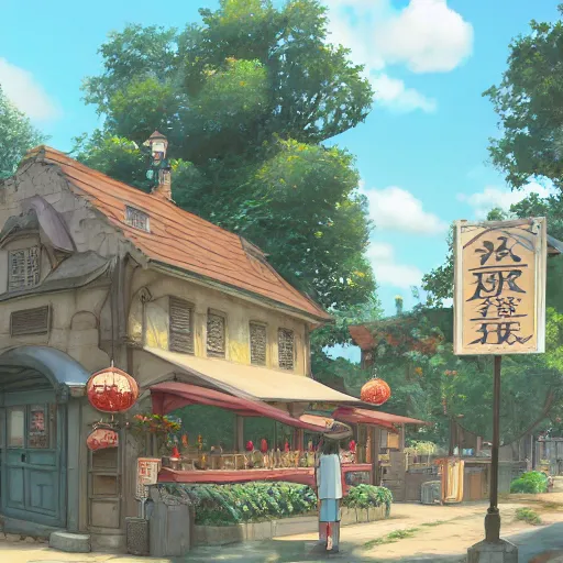 Prompt: concept art painting of a historic bakery with european and japanese architecture, in a woodland village surrounded by trees, inspired by kiki's delivery service, realistic, detailed, cel shaded, in the style of makoto shinkai and greg rutkowski and james gurney