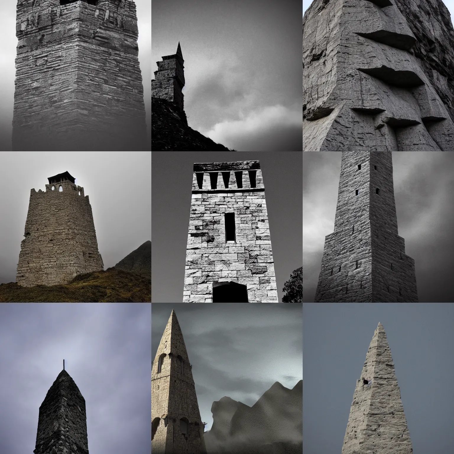 Prompt: a high tower made of stone, there is an evil cat eye at the top, dark atmosphere