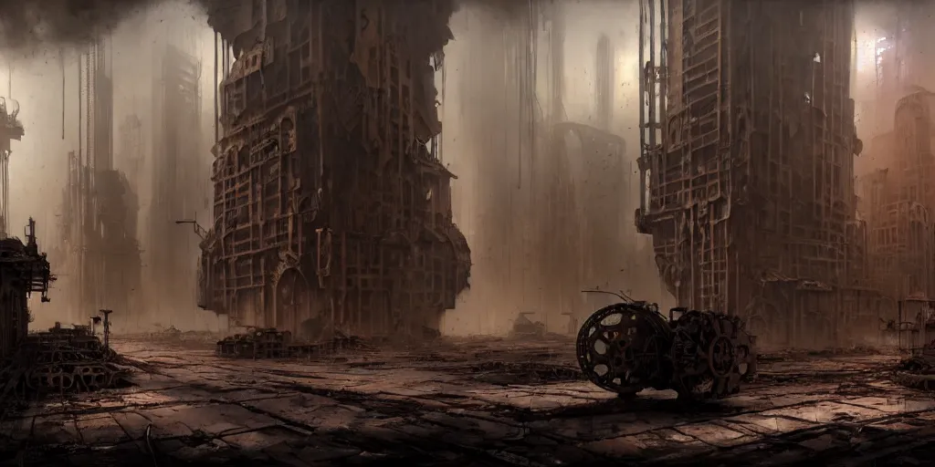 Image similar to an abandoned dystopian city, by federico pelat and craig mullins, ancient steampunk machinery, by michael weisheim beresin and james paick and stephan martiniere, concept art, hyperrealism, 8 k resolution, octane render, cinematic, ominous, intricate details, volumetric lighting, misty