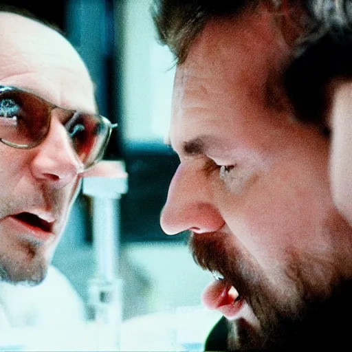 Image similar to filmic extreme close up shot movie still 4 k uhd interior 3 5 mm film color photograph of two scientists arguing and yelling in a lab in antartica