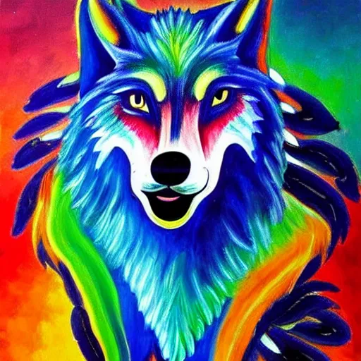 Image similar to painting of retarded wolf, vivid colors