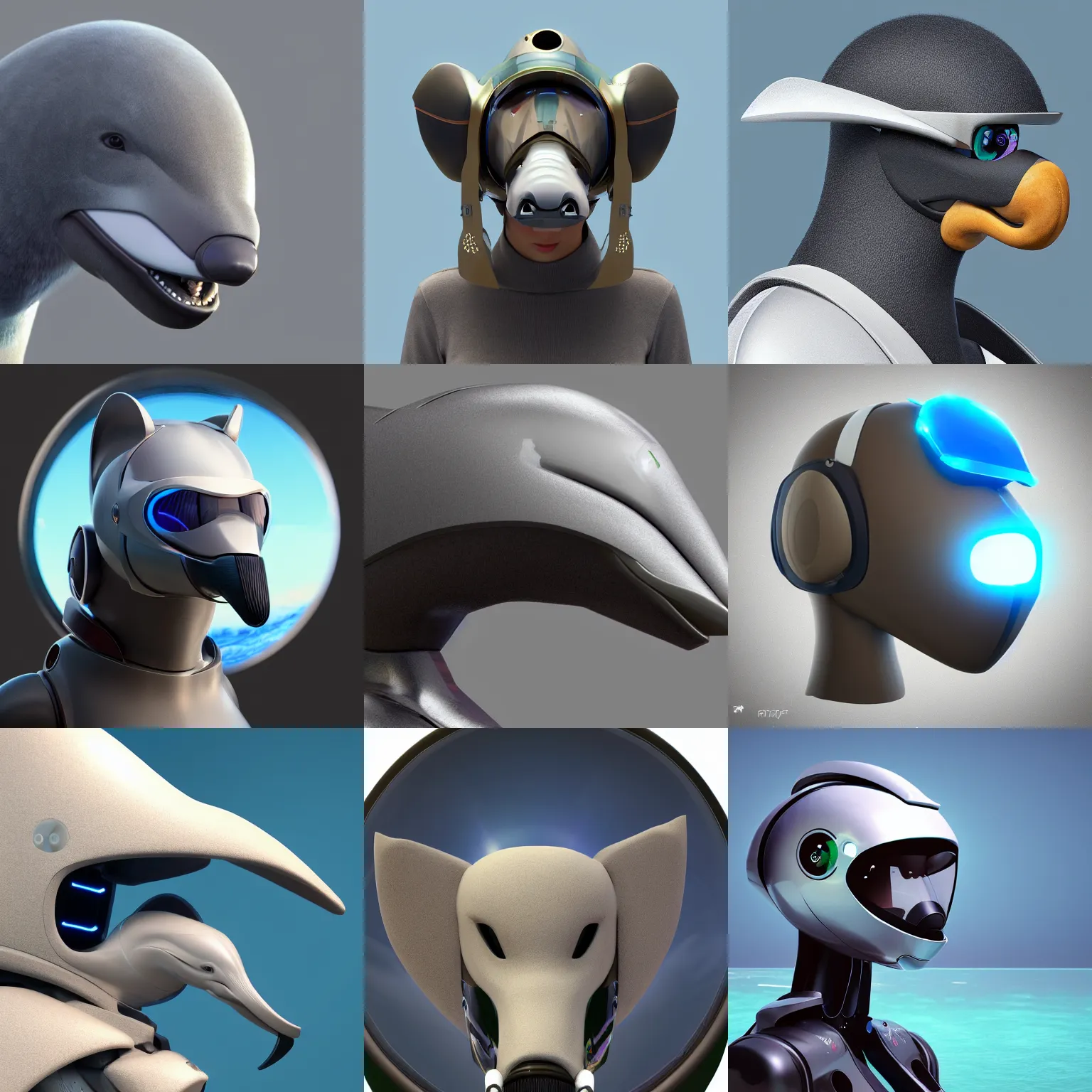 Prompt: very very beautiful furry art, bust profile picture of a robotic anthro bottlenose dolphin, visor screen for face, truncated snout under visor, round shapes, commission on furaffinity, cgsociety, octane render