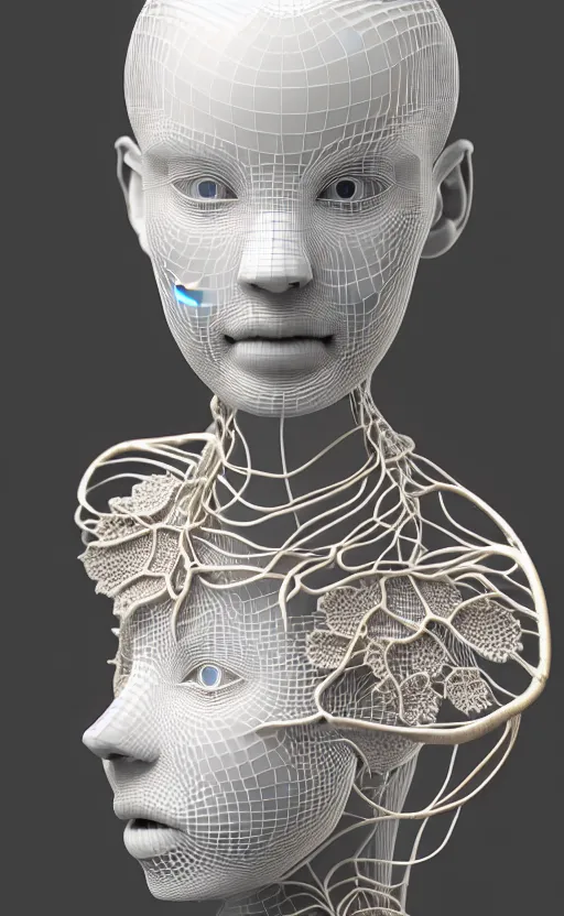 Prompt: complex 3d render ultra detailed of a beautiful porcelain profile woman face, hazel eyes, vegetal dragon cyborg, 150 mm, beautiful natural soft light, rim light, silver black details, roots, fine lace, maze like, mandelbot fractal, magnolia big yellow infrared leaves and stems, smoke, anatomical, facial muscles, cable wires, microchip, elegant, white metallic armor, octane render, black and white, H.R. Giger style